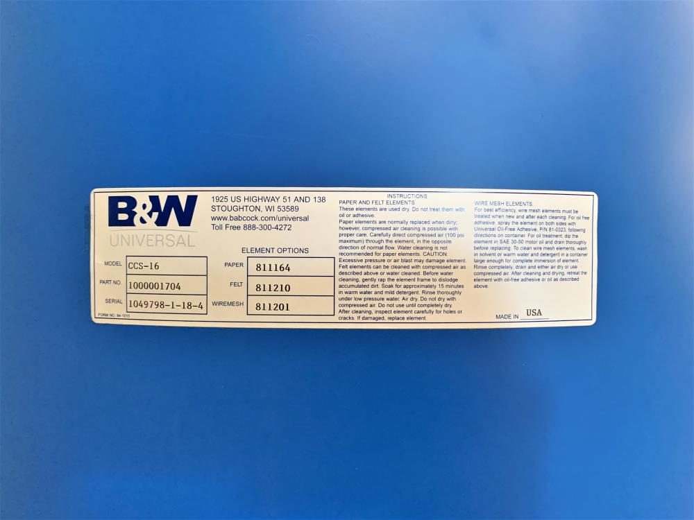 B&W CCS-16 Universal Air Filter Silencer #1000001704, W/ Felt Element 811210